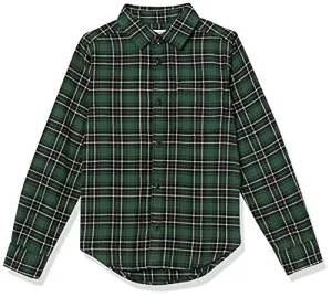 Amazon Essentials Boys' Flannel Button Down Shirt, Green, Small