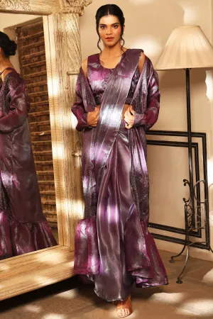 Attractive Party Style Art Silk Ready to Wear Saree With Long Jacket In Purple Color