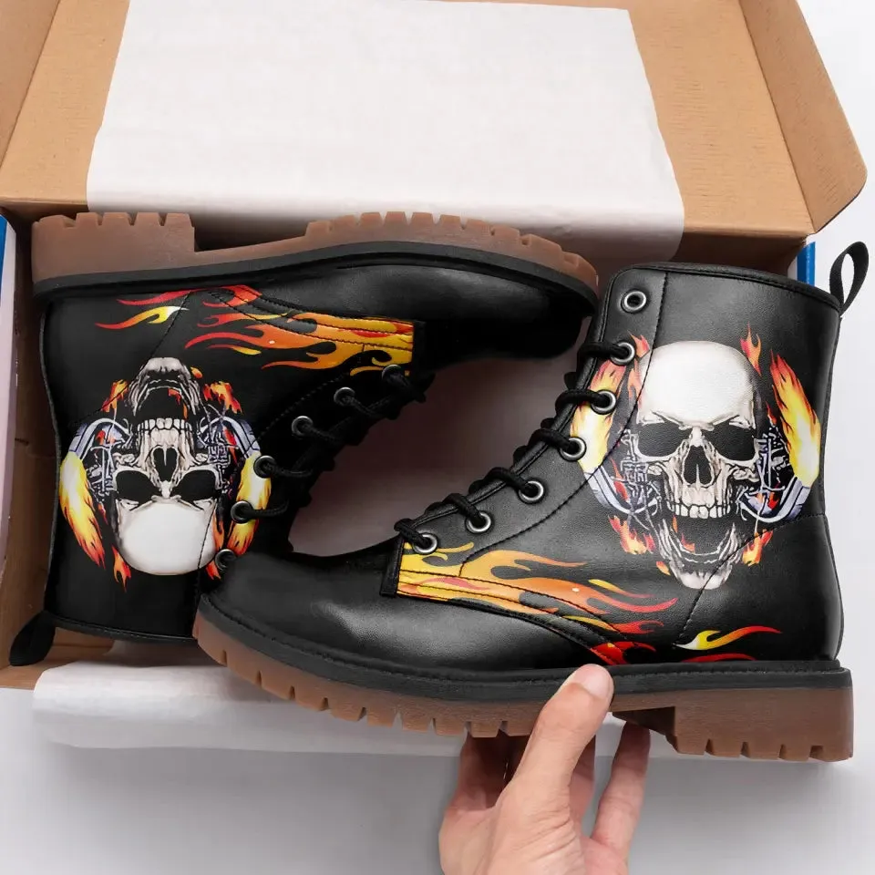 Coolcustomize Mens Black Combat Boots Fashion Cool Lace-Up Skull Rose Ankle Booties Chunky Heel Platform Vegan Leather Boots,058-2302001