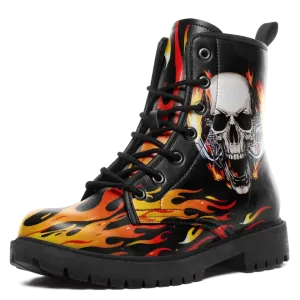 Coolcustomize Mens Black Combat Boots Fashion Cool Lace-Up Skull Rose Ankle Booties Chunky Heel Platform Vegan Leather Boots,058-2302001