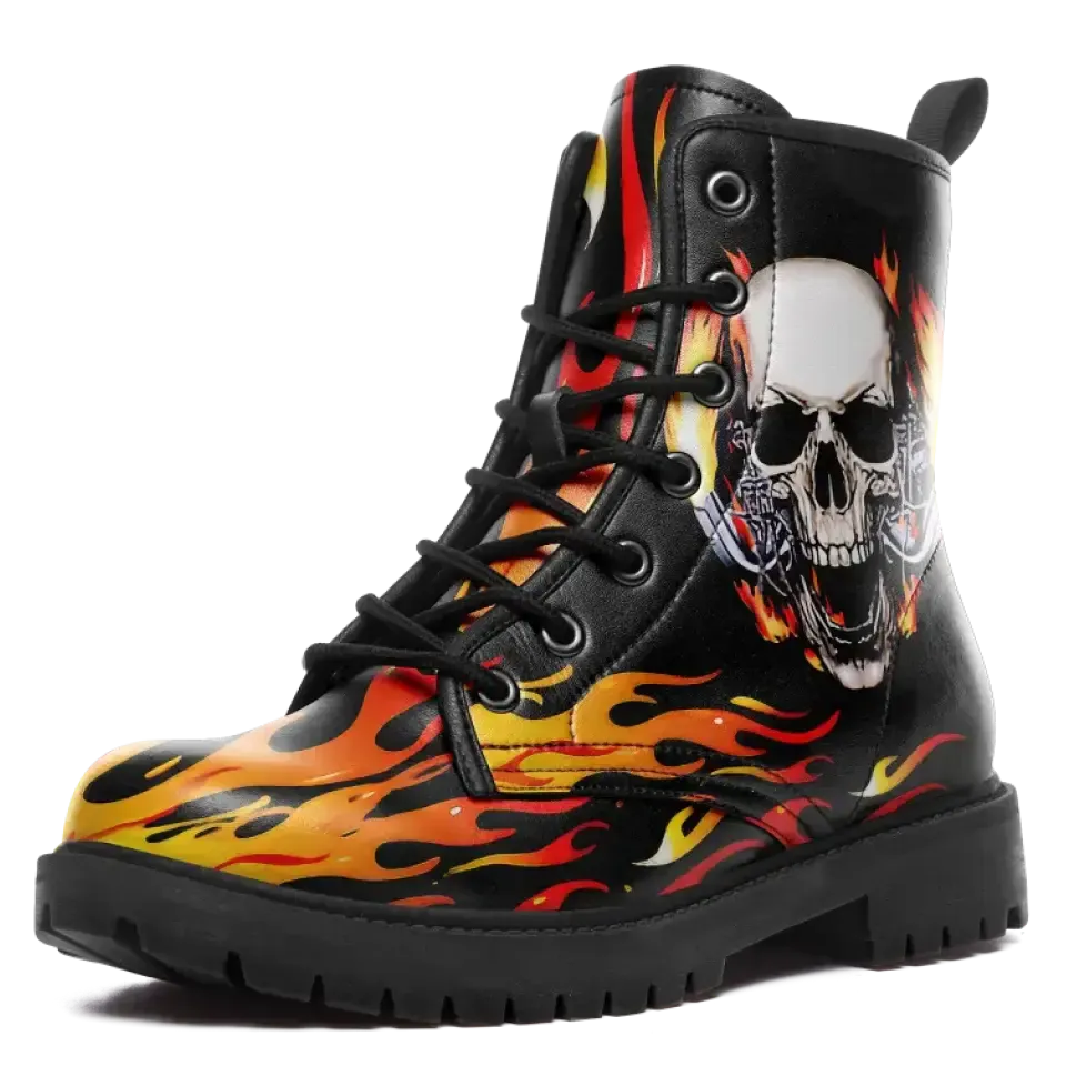 Coolcustomize Mens Black Combat Boots Fashion Cool Lace-Up Skull Rose Ankle Booties Chunky Heel Platform Vegan Leather Boots,058-2302001