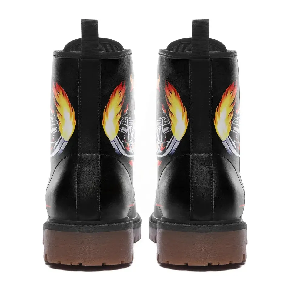 Coolcustomize Mens Black Combat Boots Fashion Cool Lace-Up Skull Rose Ankle Booties Chunky Heel Platform Vegan Leather Boots,058-2302001