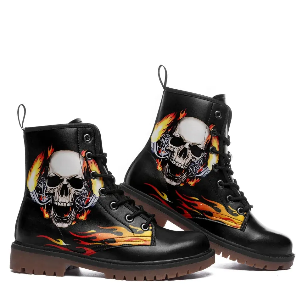 Coolcustomize Mens Black Combat Boots Fashion Cool Lace-Up Skull Rose Ankle Booties Chunky Heel Platform Vegan Leather Boots,058-2302001