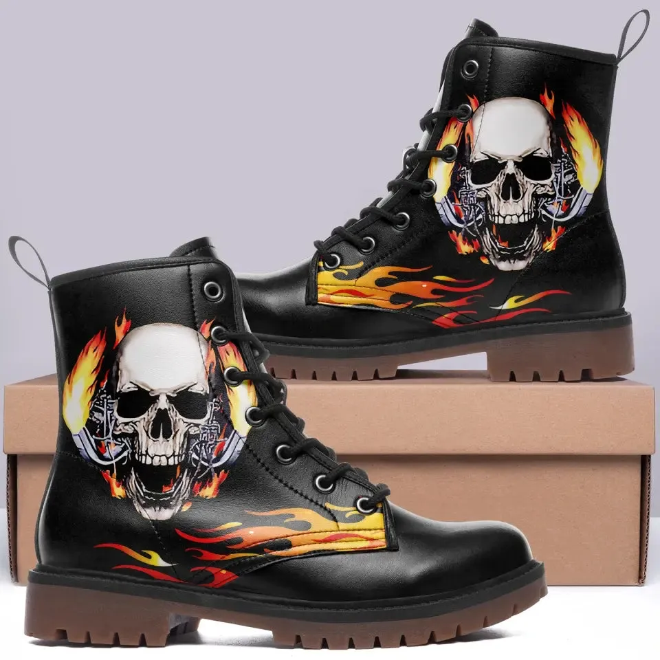 Coolcustomize Mens Black Combat Boots Fashion Cool Lace-Up Skull Rose Ankle Booties Chunky Heel Platform Vegan Leather Boots,058-2302001