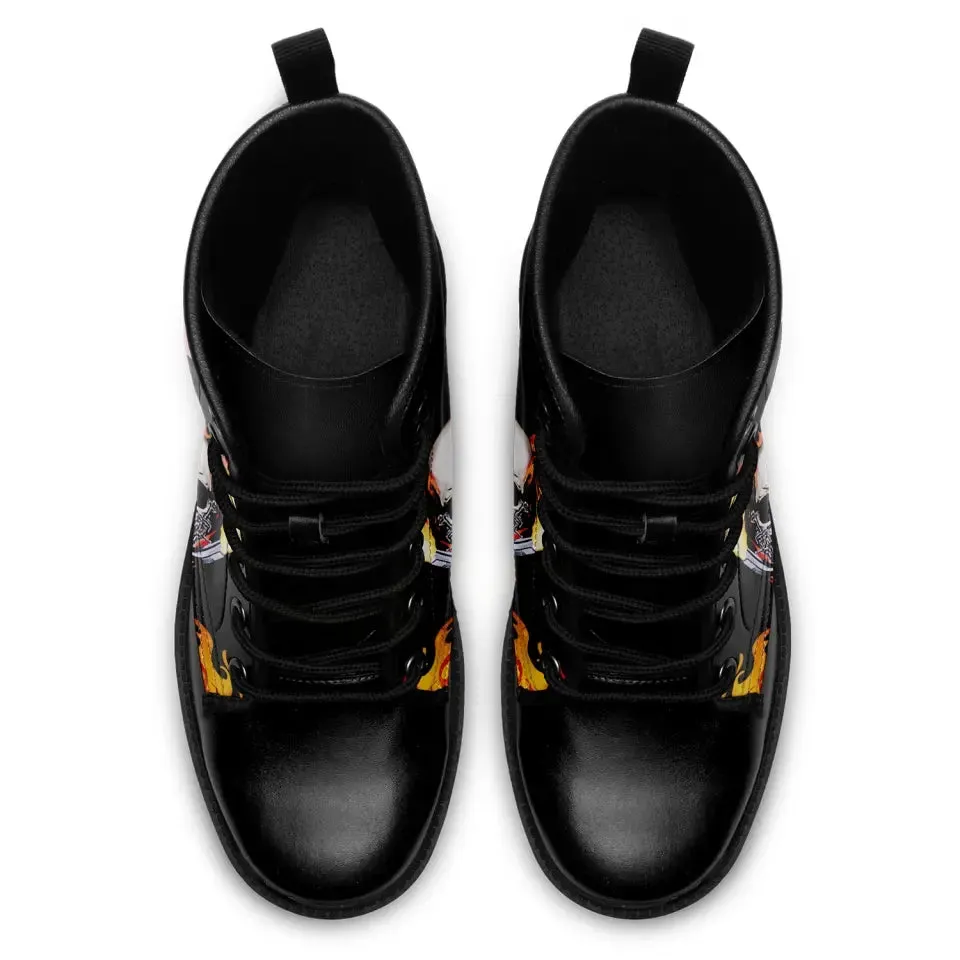 Coolcustomize Mens Black Combat Boots Fashion Cool Lace-Up Skull Rose Ankle Booties Chunky Heel Platform Vegan Leather Boots,058-2302001
