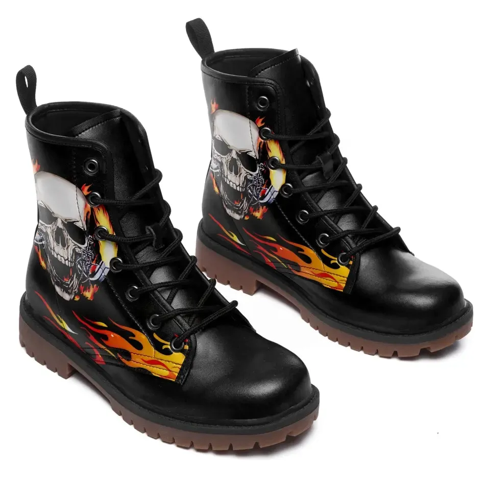 Coolcustomize Mens Black Combat Boots Fashion Cool Lace-Up Skull Rose Ankle Booties Chunky Heel Platform Vegan Leather Boots,058-2302001