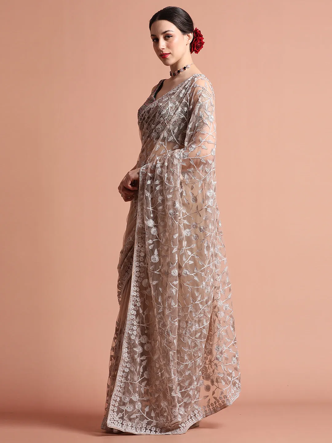 Party Wear Floral Beige Embroidered Net Saree