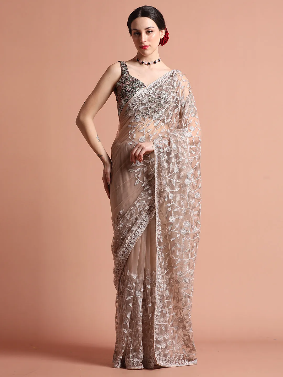 Party Wear Floral Beige Embroidered Net Saree