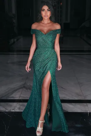 Stylish Green Long Off-the-shoulder Mermaid Prom Dress With Slit