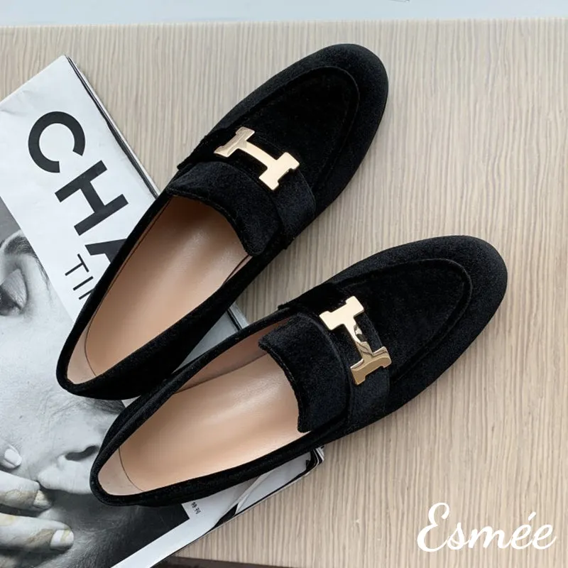 Suede Loafers with Silver Plated Buckle
