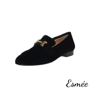 Suede Loafers with Silver Plated Buckle