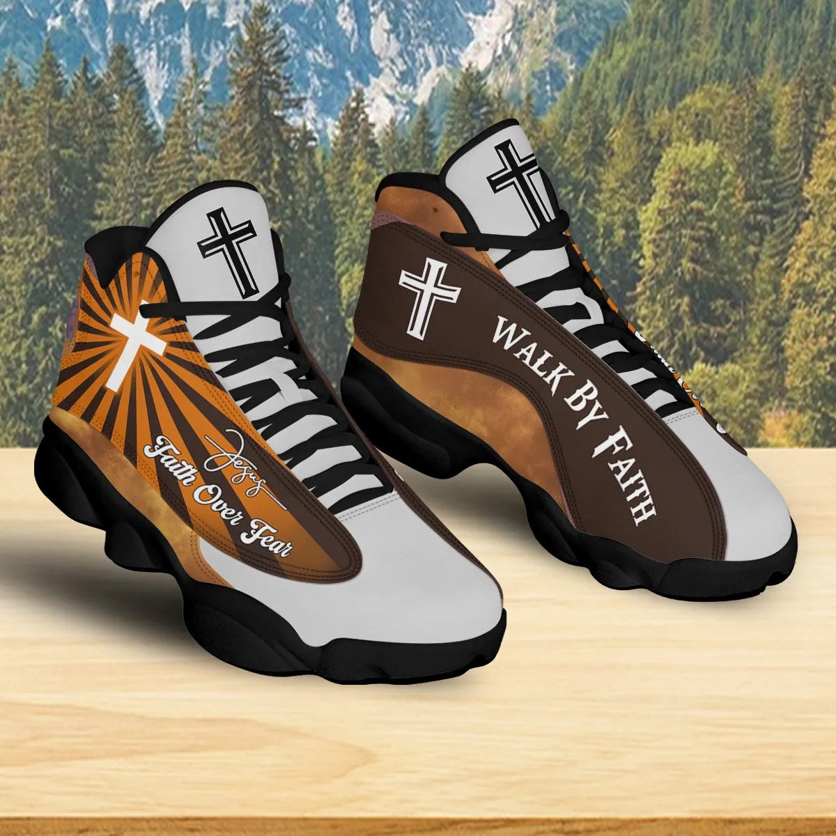 Teesdily | Christian Jesus Basketball Shoes, Religious Gift For Mom, Faith Over Fear Shoes, Walk By Faith Unisex Shoes, Christian Footwear Gift
