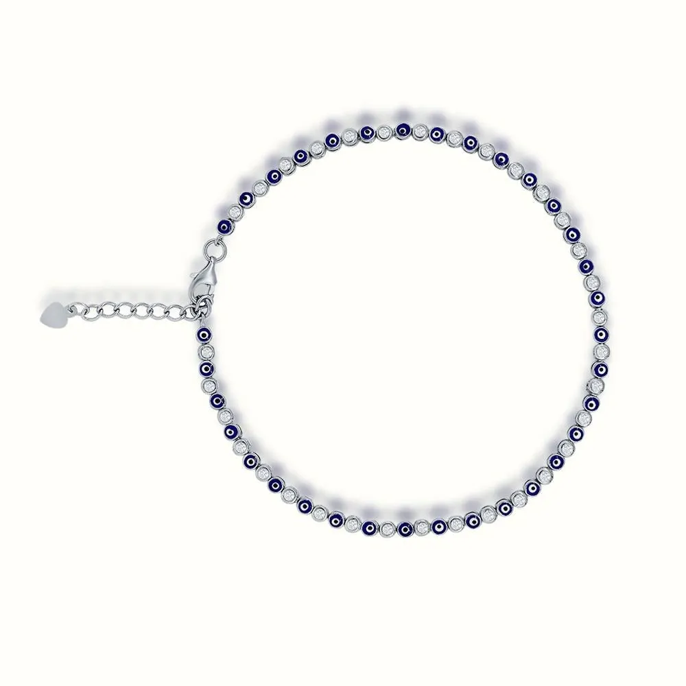 Women's Silver Diamond Blue Evil Eye Tennis Anklet