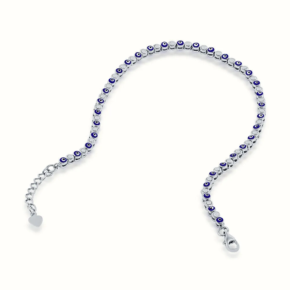 Women's Silver Diamond Blue Evil Eye Tennis Anklet